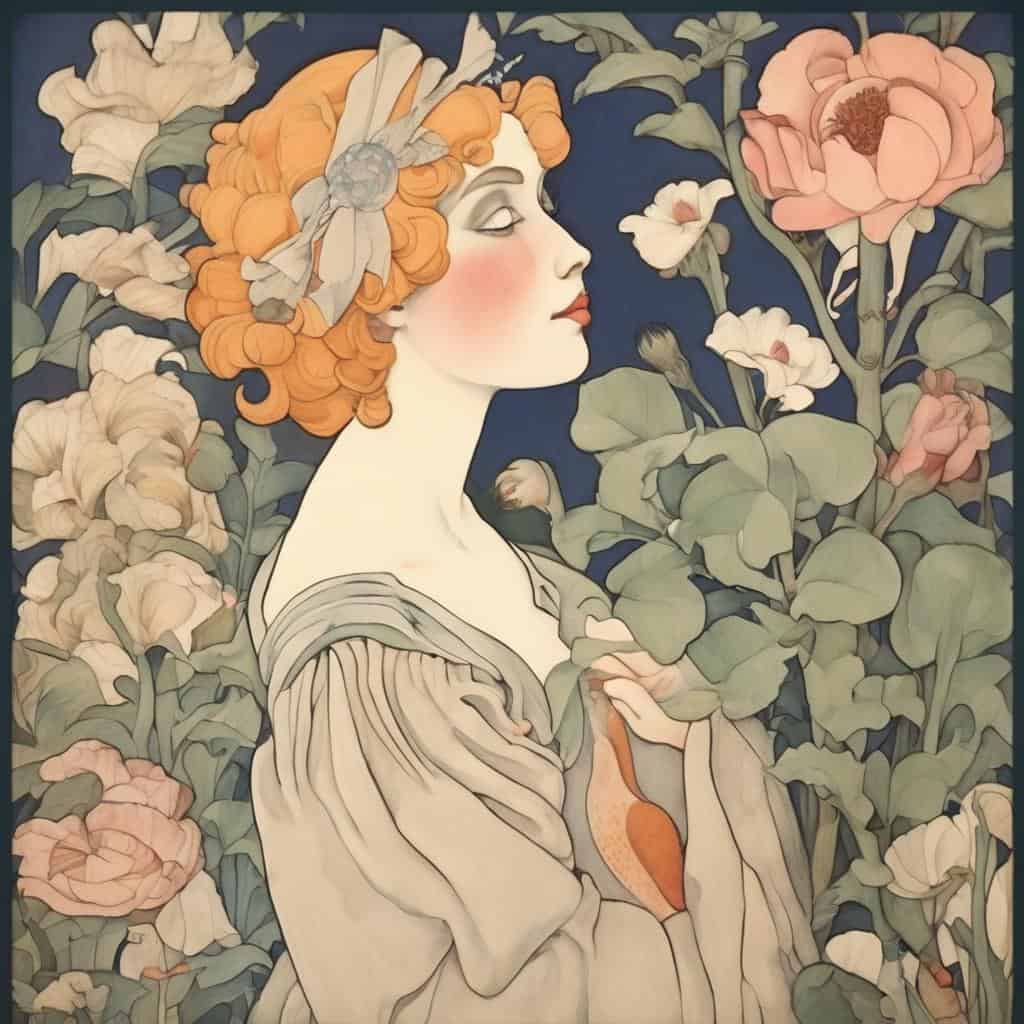 Λιβελλίνες και γυναικεία μορφή σε φόντο λουλουδιών, art nouveau style, αισθητική ομορφιάς, φανταστική τέχνη, φυσική έμπνευση, κομψότητα και γονιμότητα.