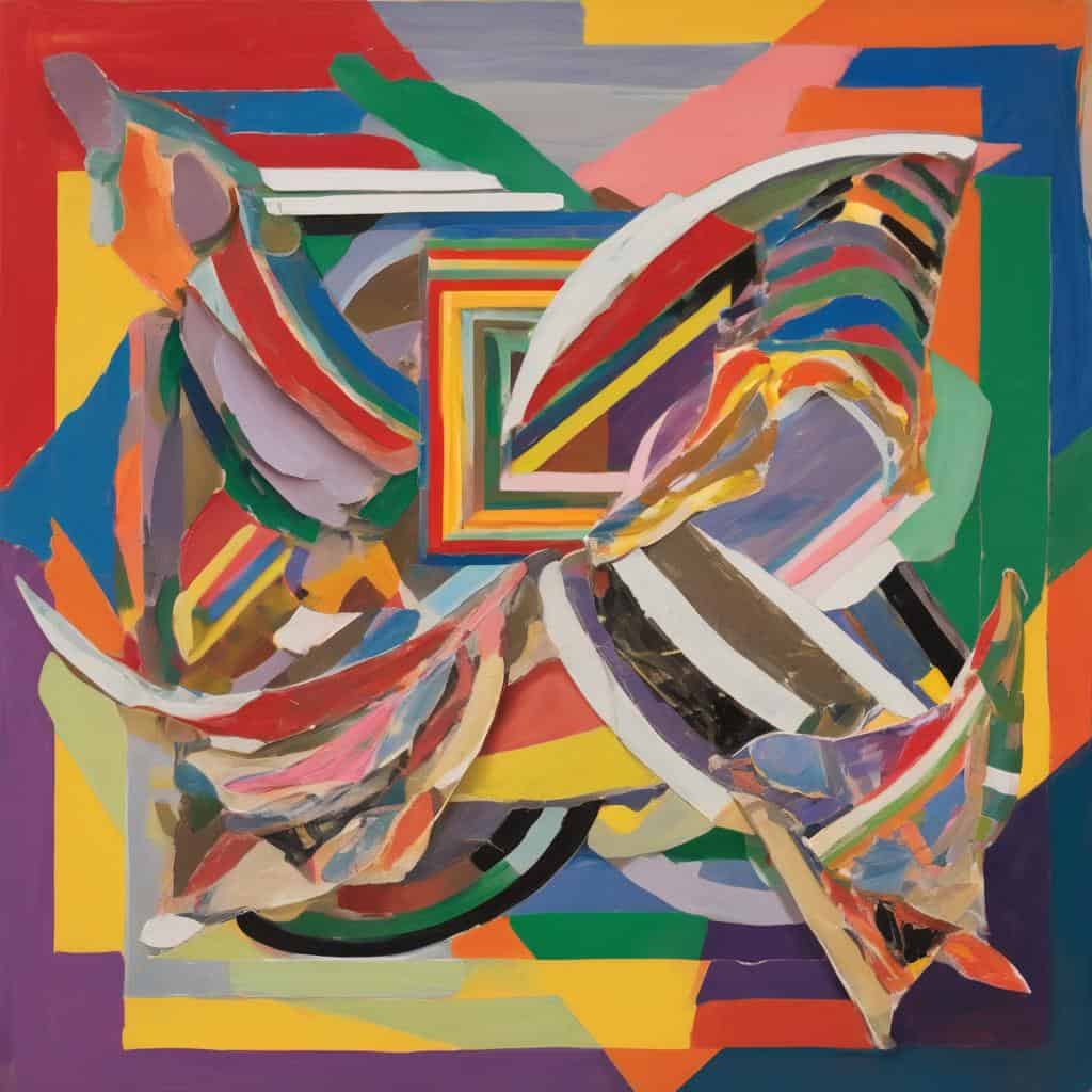 Ζωγραφική αφηρημένη τέχνη με πολύχρωμα γεωμετρικά σχήματα και γραμμές, αναδεικνύοντας την εσωτερική γεωγραφία της τέχνης.