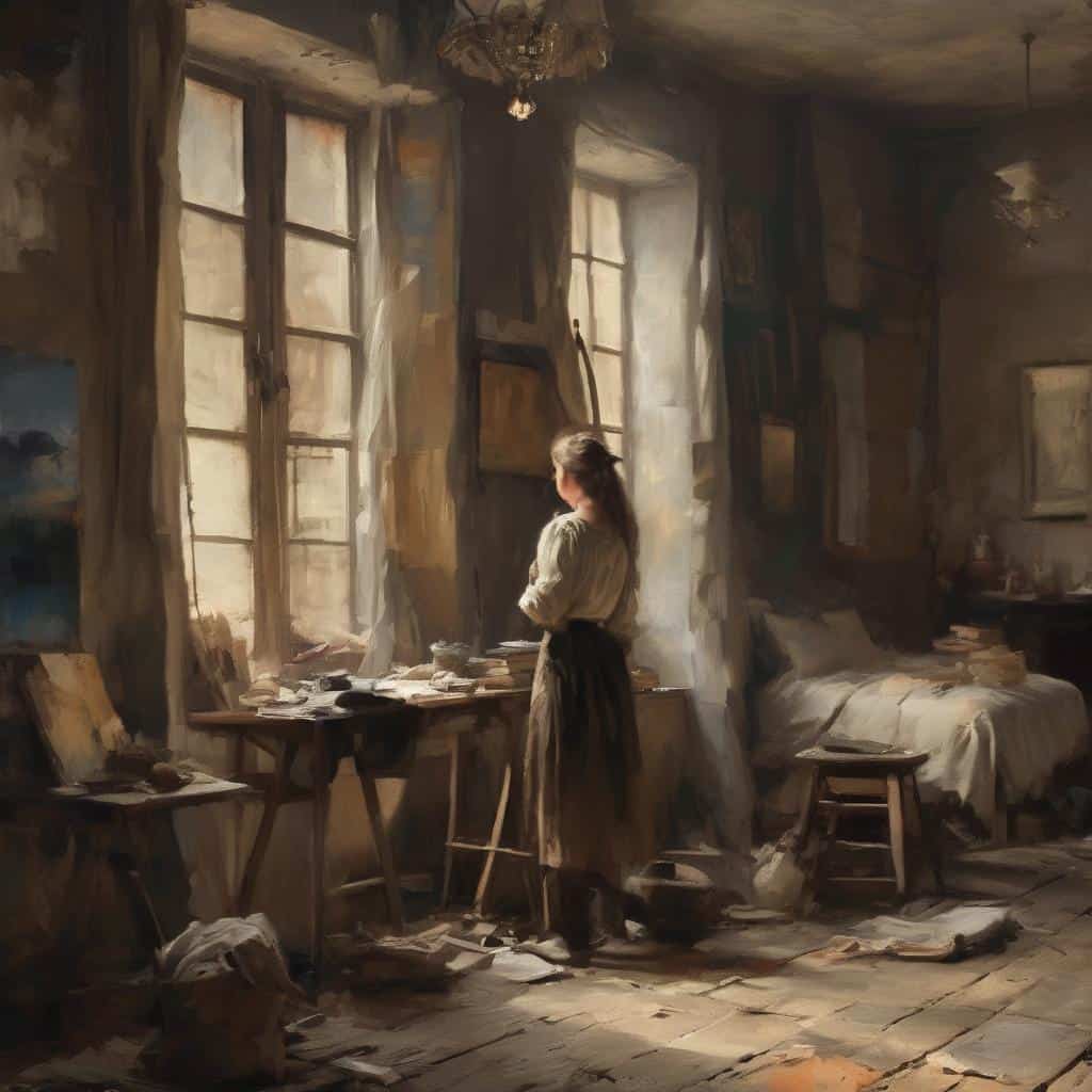 Παραδοσιακός εσωτερικός χώρος καλλιτεχνικού εργαστηρίου με φωτισμό από παράθυρα, δημιουργικότητα και τέχνη.