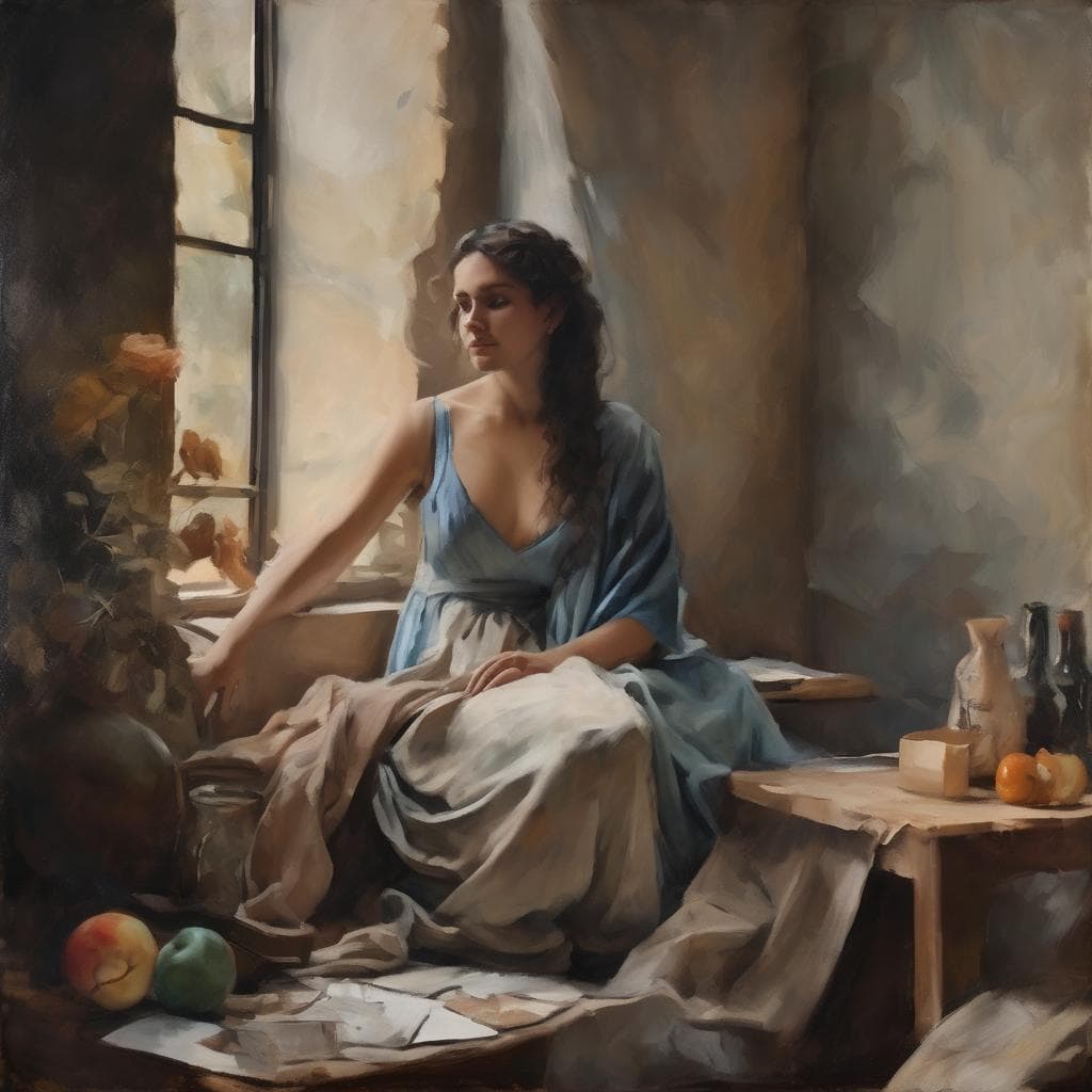 Καθήμενη γυναίκα σε εσωτερικό χώρο, με θέμα την τέχνη και τη ζωγραφική.