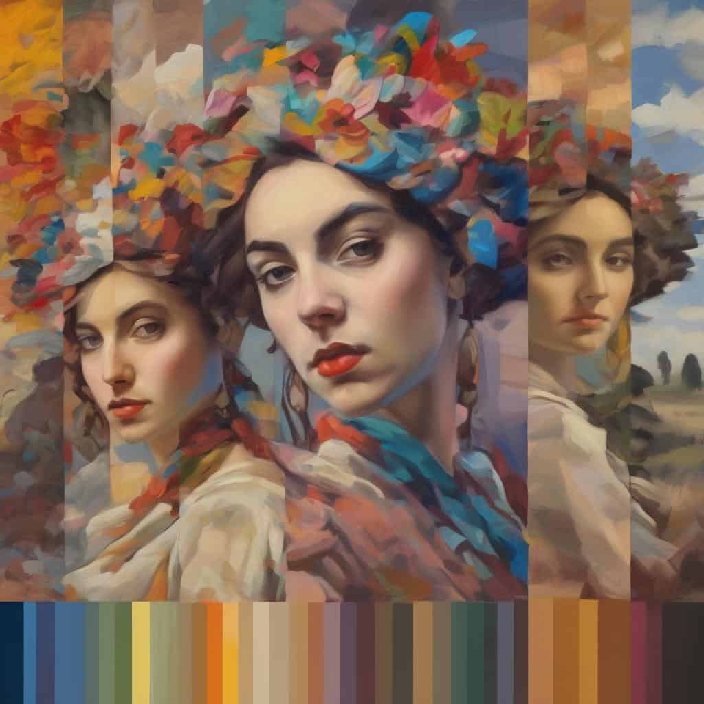 Χαρακτηριστικό πορτρέτο τριών γυναικών με πολύχρωμα καπέλα, εσωτερική γεωγραφία της τέχνης, σύγχρονη ζωγραφική, πολιτιστική έκφραση.