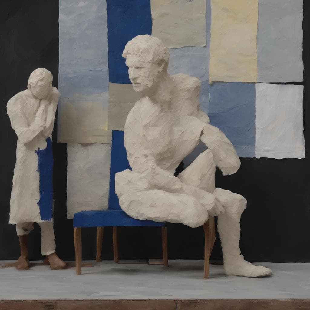 Άνθρωποι μπροστά από γλυπτό και αφηρημένο πίνακα με μπλε, λευκό και μαύρα χρώματα.