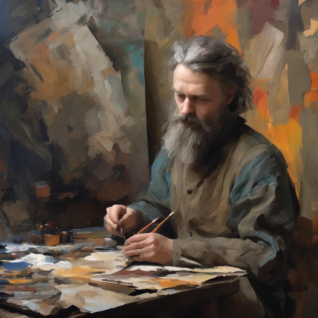 Ρεαλιστική προσωπογραφία καλλιτέχνη στον στούντιο, δημιουργώντας τέχνη με πενάκι και χρώματα.