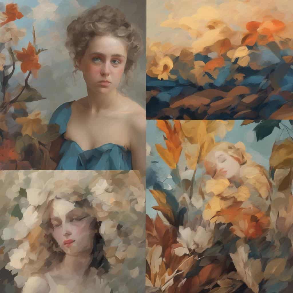 ρομαντική πόζα νεαρής γυναίκας με λουλούδια και τοπία, εσωτερική τέχνη, ζωγραφική πορτρέτα και φύση.