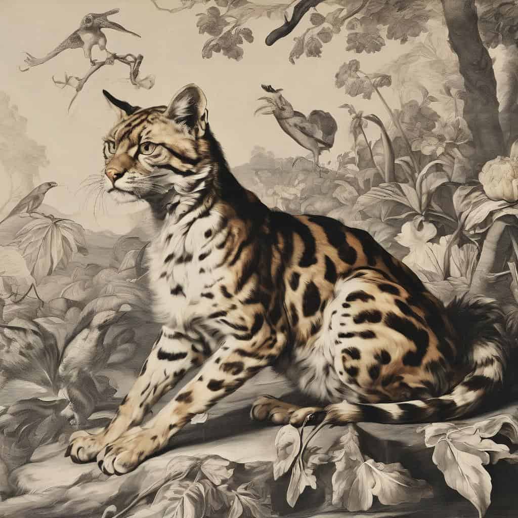 Λιοντάρι όρθιο σε φύλλα και κλαδιά, ζωγραφιά με στυλ εσωτερικής γεωγραφίας της τέχνης, εμπνευσμένη από φύση και άγρια ζωά.